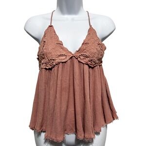 ILLA ILLA Womens Crochet Lace Halter Babydoll Top M Dusty Rose Boho Festival Y2K